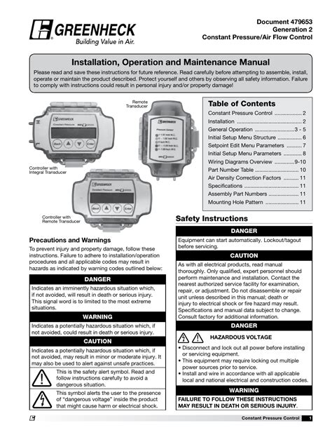 greenheck vari green control constant pressureair flow control  user manual  pages
