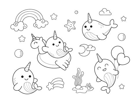 premium vector cute narwhal unicorn sea drawing coloring page