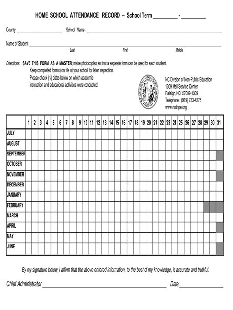 nc homeschool attendance record form fill   sign printable