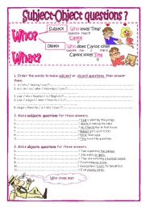 english worksheet subject object questions