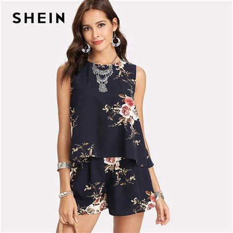 buy shein floral print overlap back top and shorts set