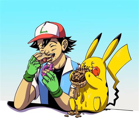ash  pikachu eating donuts pokemon   meme