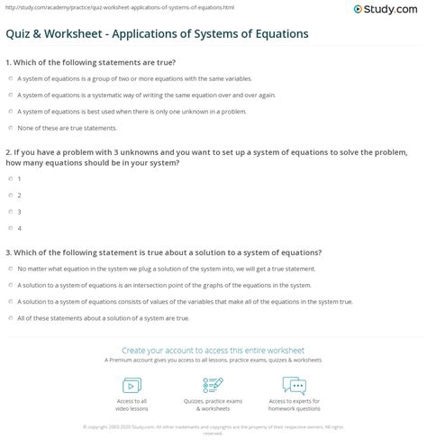 quiz worksheet applications  systems  equations studycom