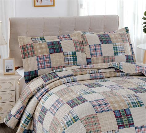 beige plaid quilt set king size country patchwork bedding quilt