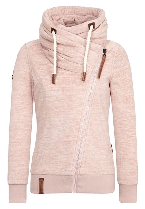 zip hoodie asymmetrical zipper slim fit high collar dusty pink patch logo knitted sweaters