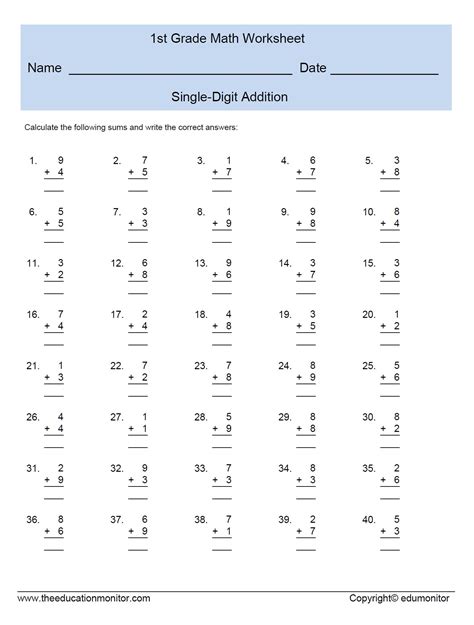 printable single digit addition worksheets