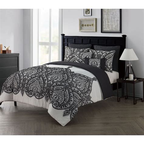 full queen king size bed black white flocked paisley  pc comforter set