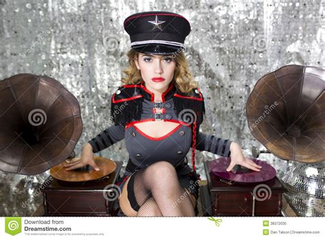 beautful military disco dj with gramophones stock image