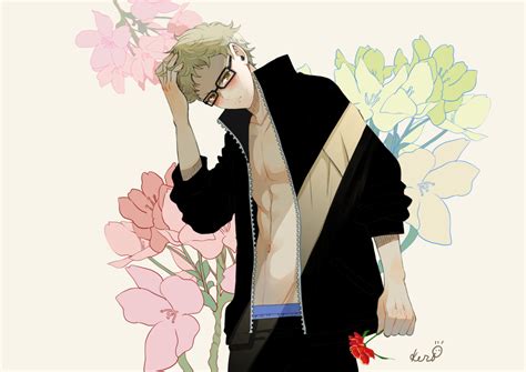 blonde hair blush brown eyes flowers glasses haikyuu navel open shirt