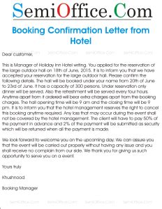sample letter  booking confirmation