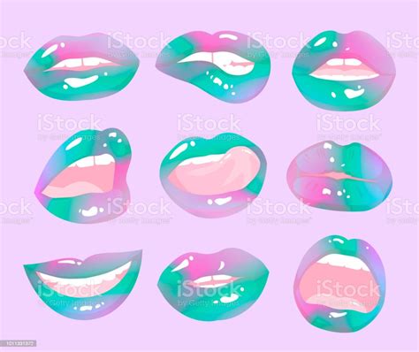 magic rainbow lips doodle patches holographic lips collection vector