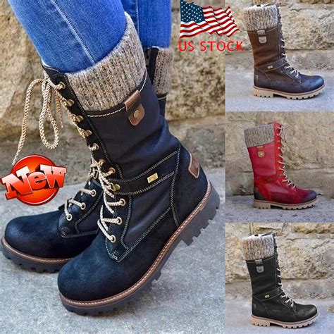 women slouch casual mid calf knit flat boots round toe