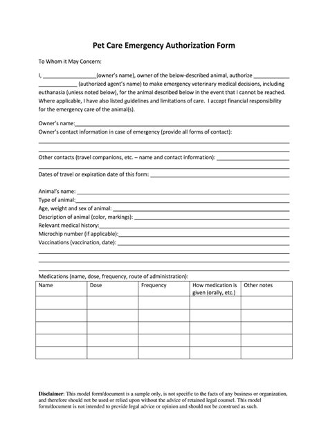 pet care emergency authorization form fill  sign printable