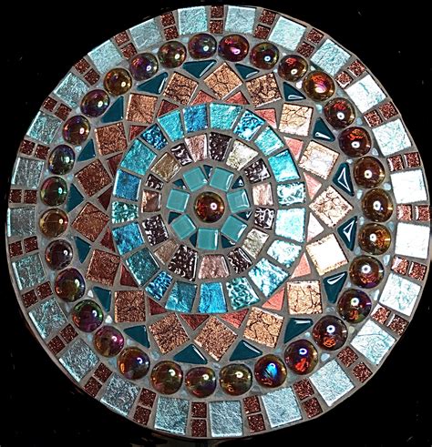 unique mosaic mandala  glass tiles  aqua  bronze mosaic art