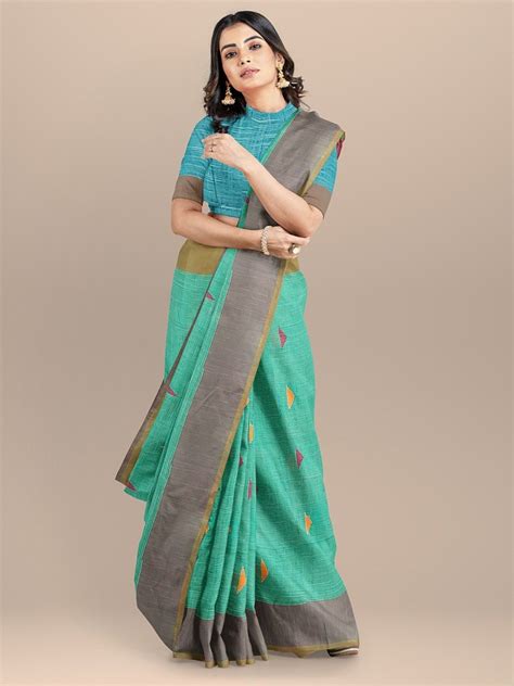 green color pure bengali cotton saree with thread booties and border