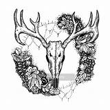 Isolated Stylized Postcards Bohemian Boho Deer Drawn Skull Outline Tattoo Flowers Clothing Cards Illustration Hand Wall Print Background Cover Original sketch template