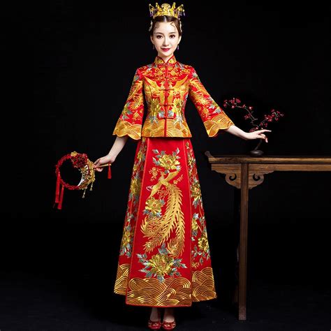 oriental red chinese traditional wedding dress women phoenix embroidery