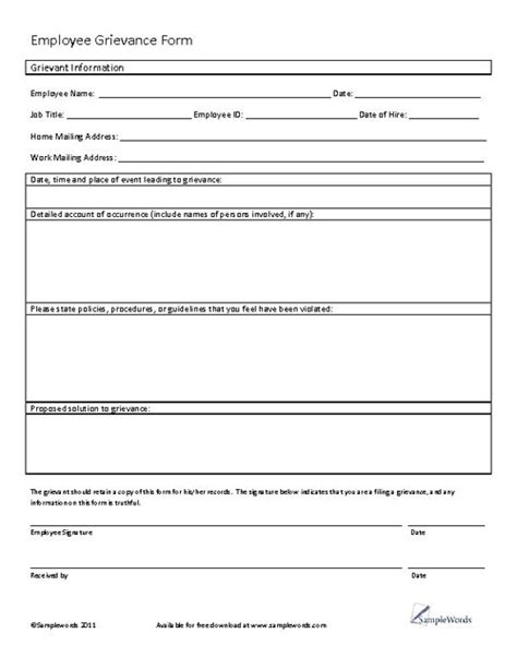employee grievance form  word templates