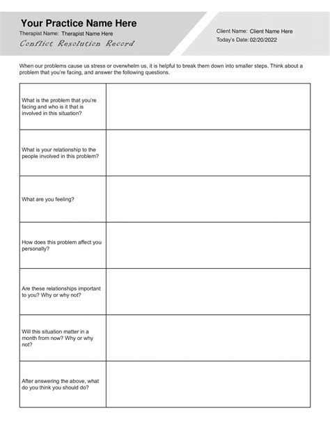 conflict resolution record worksheet editable fillable printable