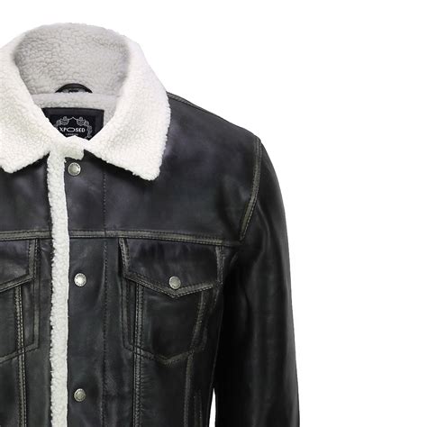 men real leather retro designer style black faux fur lined sherpa trucker jacket ebay