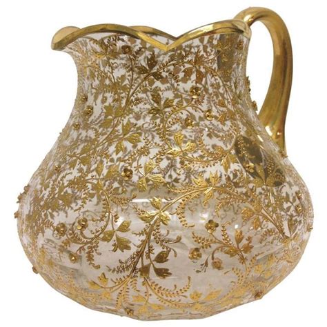 Moser Heavy Gold Gilt And Applied Glass Roses Pitcher Moser Glass