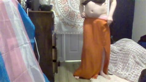 Awkward Trans Girlfriend Striptease In Long Orange Skirt To Full Nude