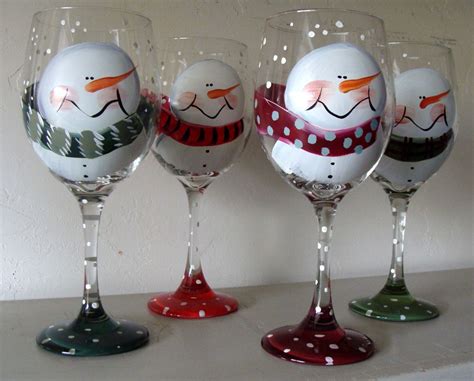 Snowman Wine Glasses Set Of 4 Etsy In 2021 Decorated Wine Glasses