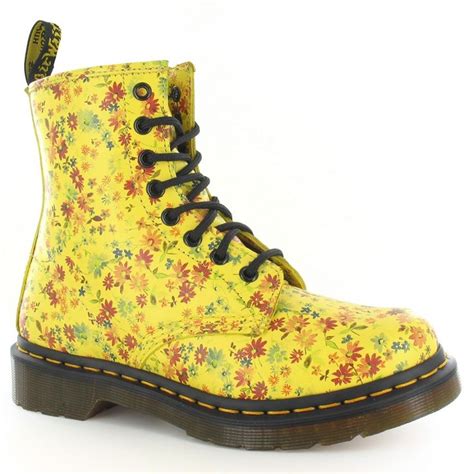 details  dr martens  womens leather floral boots yellow cloths   floral boots