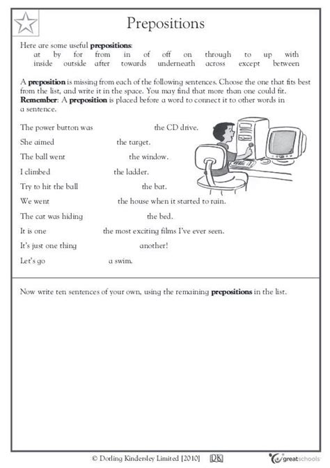 preposition worksheet student writes  correct preposition