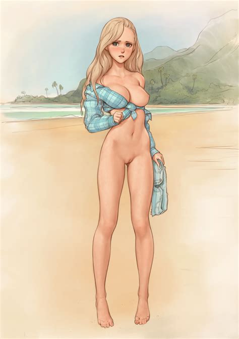 Rule 34 Bare Shoulders Barefoot Beach Blonde Hair Blue