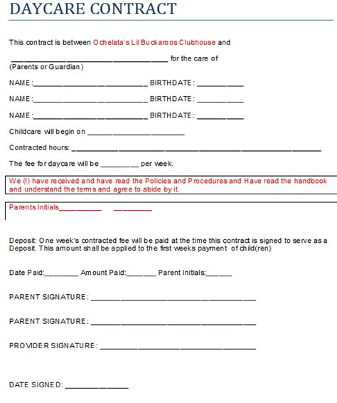 printable home daycare contracts printable templates
