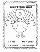Thanksgiving Sight Word Color Turkey Printable Grade Preview sketch template