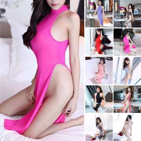 Womens Sexy High Side Split Lingerie Dress Sheer Cheongsam Long Halter