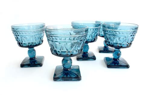 vintage blue glassware ice cream bowls pedestal cups