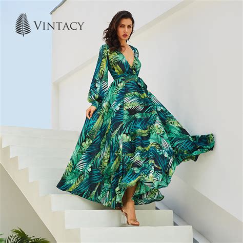 Vintacy Long Sleeve Dress Green Tropical Print Vintage Maxi Dresses
