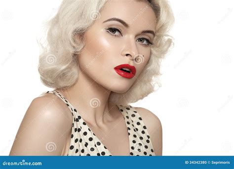 retro   fashioned pin  model red lips   blond curly