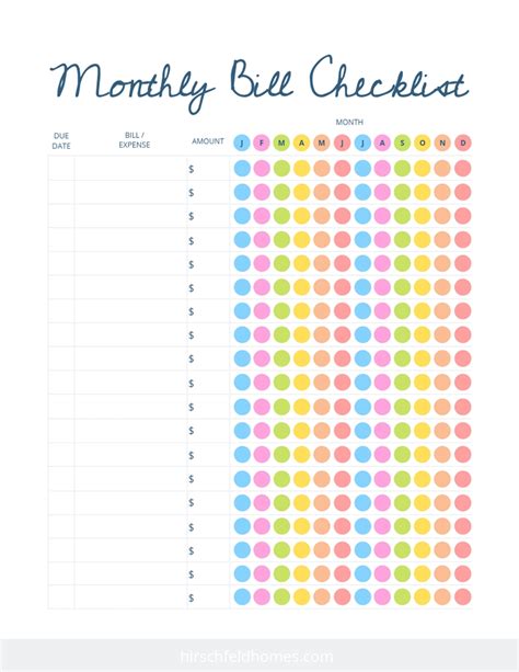 monthly bills due list printable  calendar