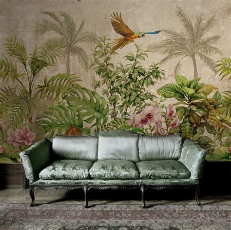 Tropical Leaves With Birds And Florals Wallpaper Mural