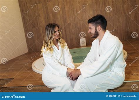 attractive couple  spa center stock photo image  coming cheerful
