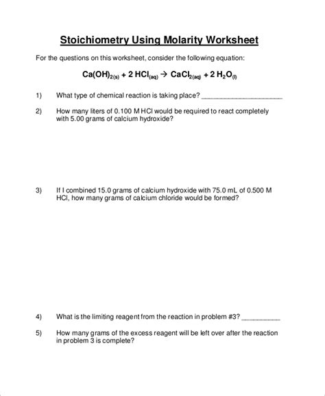 sample stoichiometry worksheet templates  ms word