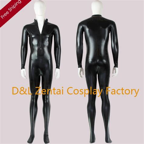 buy  shipping dhl sexy black shiny metallic zentai catsuit  hood