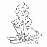Skiing Coloring Outline Cartoon Winter Boy Sports Book Vector Kids Preview Illustration sketch template