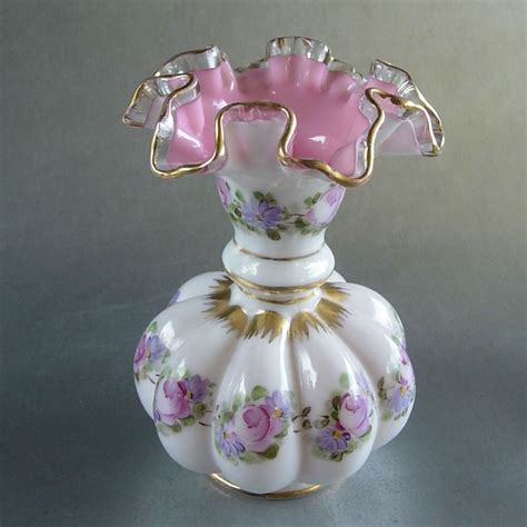 Vintage Fenton Art Glass Vase Charleton Hand Painted Milk Glass Pink