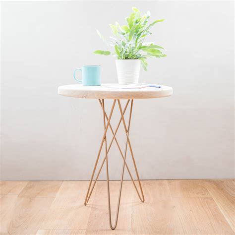 hand  wooden side table  gold hairpin tri leg