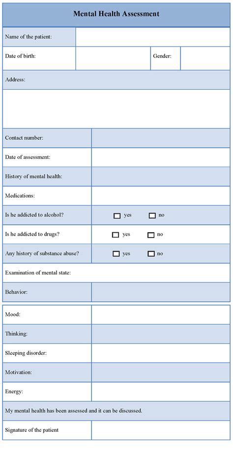 assessment template for mental health template of mental health