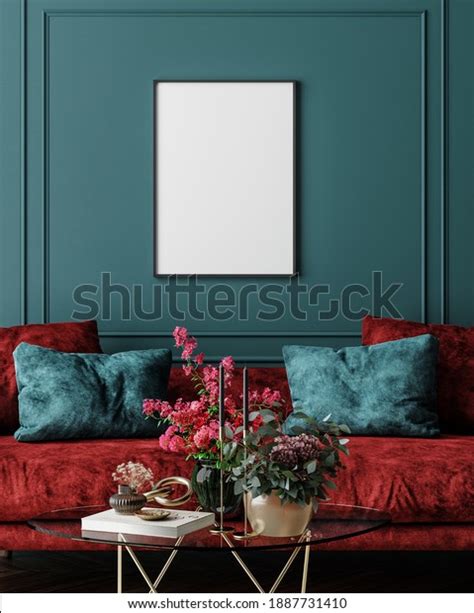 mockup frame dark green home interior stock illustration