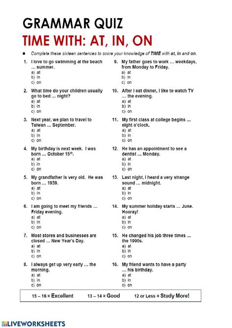 preposition  time interactive worksheet preposition  time