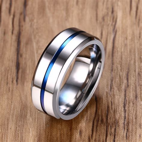 mens mm silver thin blue groove wedding ring  male stainless