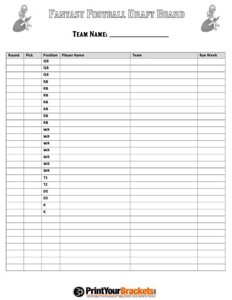 printable fantasy football draft board sheet fantasy football draft