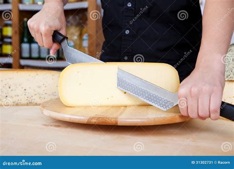 worker cutting fresh cheese stock image image  cheeseknife food